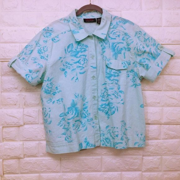 Y2K Cassini Linen Floral Blouse Sz-L Pocket SSL - Picture 2 of 10